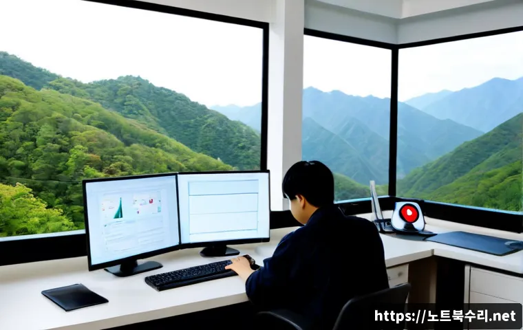 가학동 SOFTWARE_EXCEPTION - Photorealistic software engineering workstation in a quiet suburban Korean office near low forested ...
