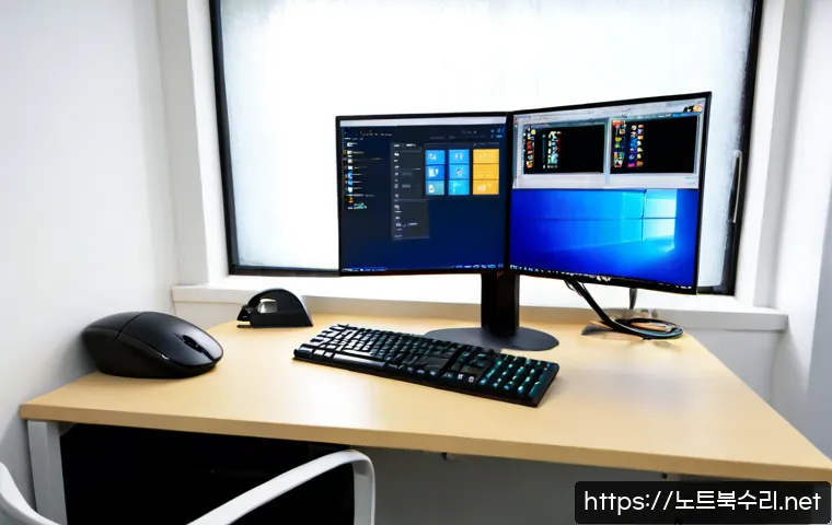 도창동 STATUS_INVALID_PAGE - Photorealistic IT support workstation in a compact Korean industrial-office setting, dual monitors d...