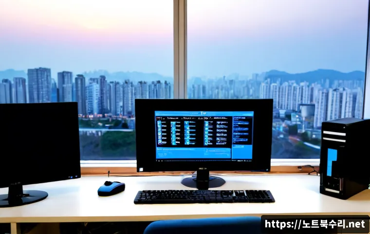 토당동 DRIVER_IRQL_NOT_LESS_OR_EQUAL - Photorealistic IT support workstation in a compact Todang-dong apartment office, dual monitors showi...