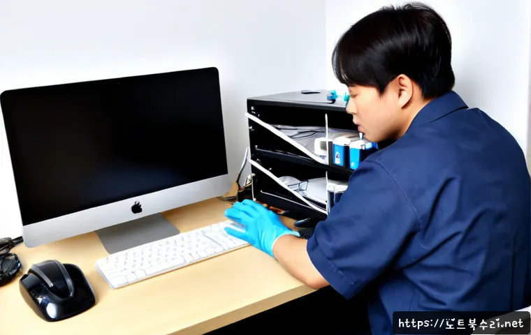 설문동 HDD조립 및 교체수리 - Photorealistic desktop repair workstation in a compact Seolmun-dong apartment office, technician wea...