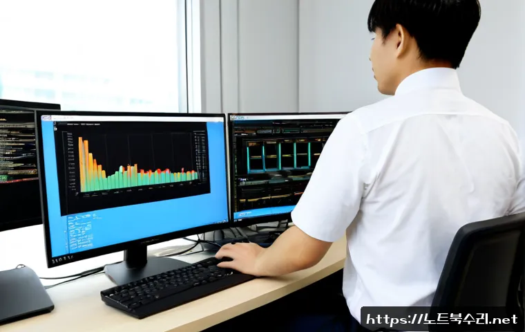 충신동 STATUS_FILE_INVALID - Photorealistic IT support workstation in a compact Seoul studio office, dual monitors showing a clea...