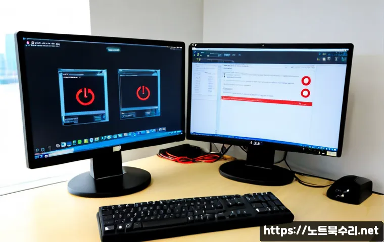 역곡동 VENDOR_DEFINED_ERROR - Photorealistic IT support workstation in a compact Yeokgok-dong office, dual monitors showing a blan...