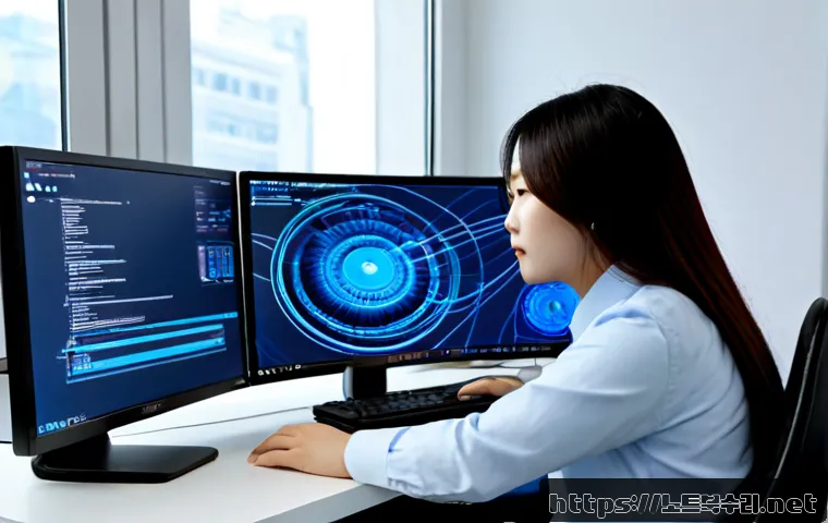 성현동 STATUS_MEMORY_VIOLATION - Photorealistic IT support workstation in a compact Seonghyeon-dong office, dual monitors showing abs...
