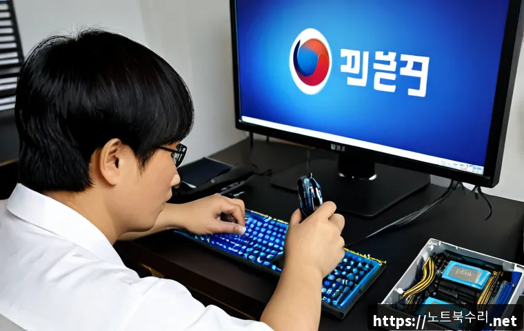 양천구 VGA조립 및 교체수리 - Photorealistic computer repair workstation in a Yangcheon residential apartment setting, technician ...