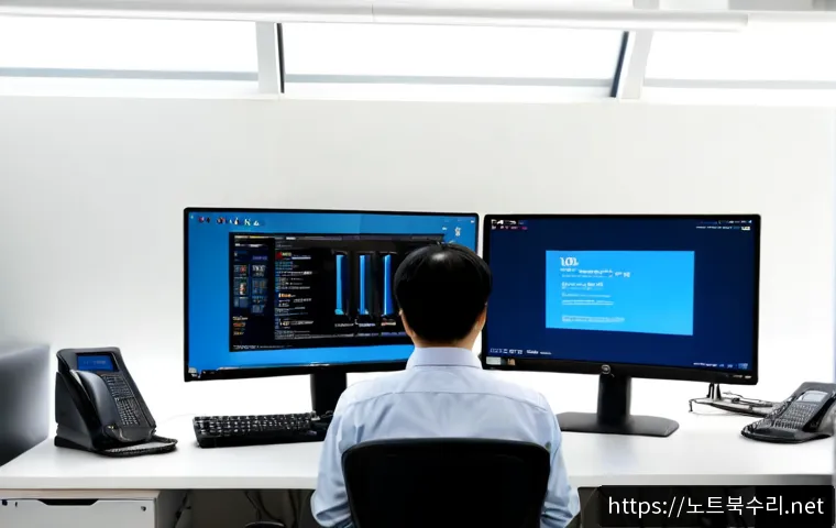 일직동 STATUS_KERNEL_BOOT_FAILURE - Photorealistic IT support workstation in Iljik-dong, modern office near a quiet transit district, du...