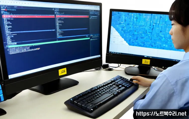 양화동 POOL_CORRUPTION_IN_FILE_AREA - Photorealistic IT support workstation in a compact Yanghwa-dong office, dual monitors displaying a c...