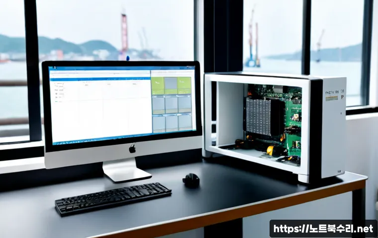 연안동 STATUS_KERNEL_MODULE_INVALID - Photorealistic coastal district engineering studio, desktop workstation displaying a clean 3D mechan...