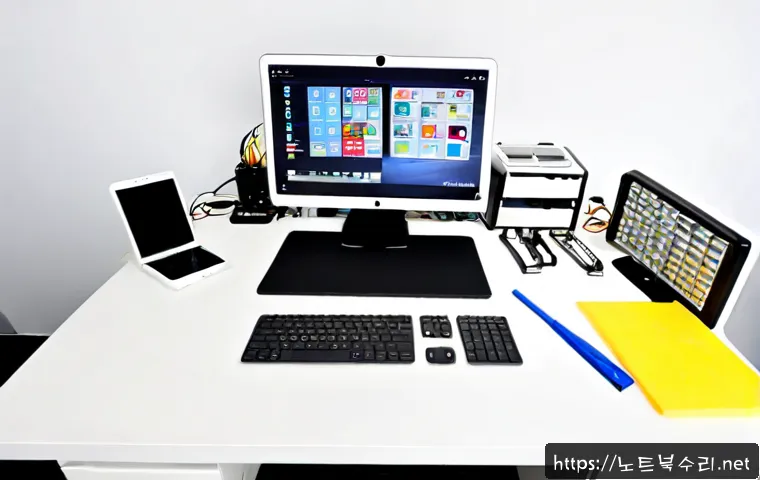 여수동 아이맥 판매 및 수리 - Photorealistic Apple-style all-in-one desktop repair workstation in a compact Yeosu-dong computer sh...