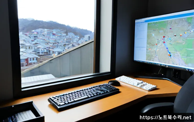 청구동 ATTEMPTED_EXECUTE_OF_NOEXECUTE_MEMORY - Photorealistic IT support workstation in a compact hillside office, dual monitors showing abstract m...