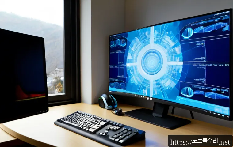 운중동 UNEXPECTED_KERNEL_MODE_TRAP - Photorealistic modern workstation in a quiet hillside neighborhood office, dual monitors showing a f...