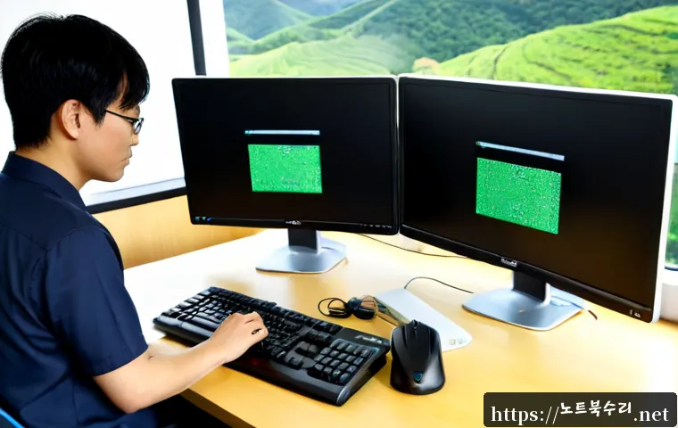양평군 BUGCODE_USB_DRIVER - Photorealistic IT support workstation in a quiet Yangpyeong County office, desktop computer connecte...