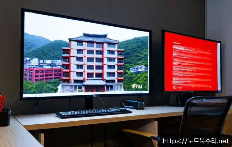 노고산동 STATUS_DISK_FULL - Photorealistic compact architectural workstation in Nogosan-dong, dual monitors showing a detailed 3...