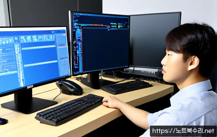 인현동 KERNEL_STACK_INPAGE_ERROR - Photorealistic IT support workstation in a compact Inhyeon-dong office, dual monitors showing a blan...