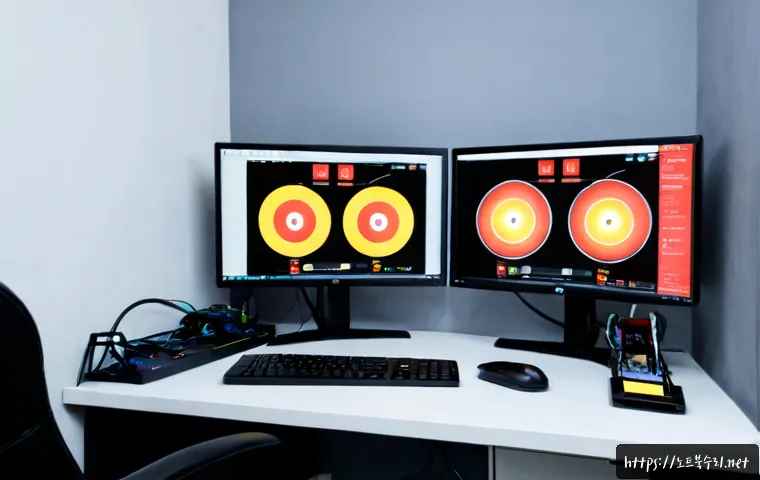 현저동 STATUS_KERNEL_DISK_ERROR - Photorealistic IT support workstation in a compact hillside apartment near an old urban park, dual m...