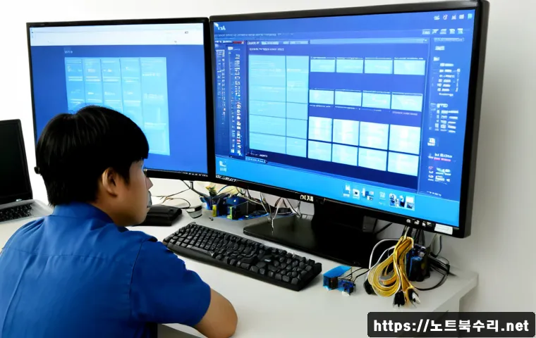 내가면 STATUS_KERNEL_DATA_CORRUPTION - Photorealistic IT support workstation in a quiet rural Korean office, dual monitors showing a blank ...