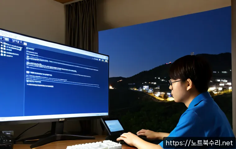 서원동 BAD_SYSTEM_CONFIG_INFO - Photorealistic remote IT support workstation in a compact Seowon-dong apartment office, desktop moni...