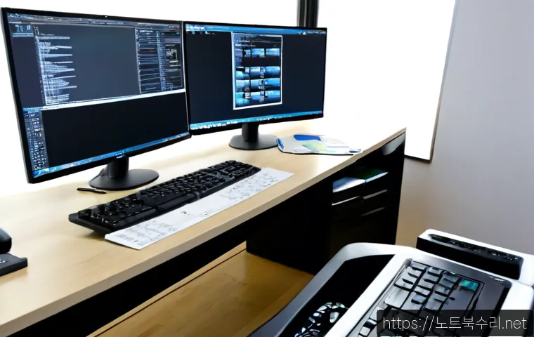 신도동 PFN_LIST_CORRUPT - Photorealistic remote-support workstation in a compact Shindong-dong office, dual monitors showing a...