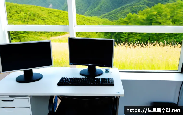 모현면 절전모드 - Photorealistic remote-support workstation in a quiet semi-rural Korean office near low wooded hills,...