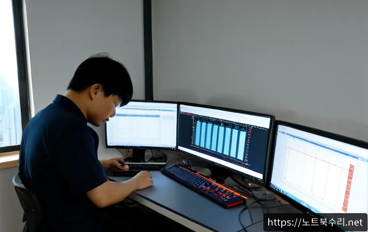 상봉동 STATUS_INVALID_PARAMETER - Photorealistic IT support workstation in a compact Sangbong-dong office, dual monitors showing abstr...
