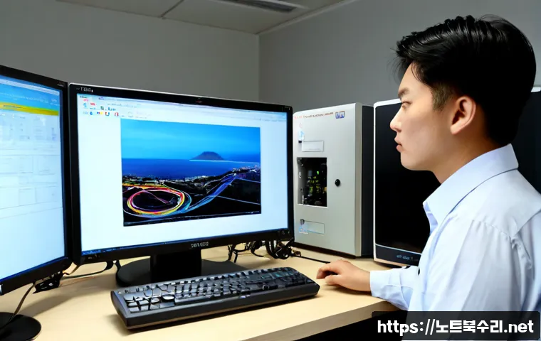 진동면 STATUS_DISK_READ_FAILURE - Photorealistic remote-support workstation in a quiet Korean coastal township office, desktop tower v...