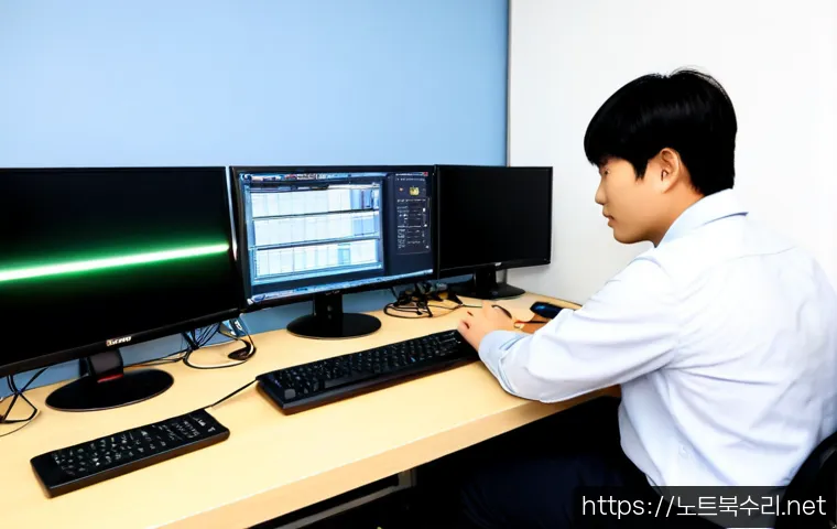 도화동 케이블연결확인 - Photorealistic IT support workstation in a compact Dohwa-dong office, technician checking Ethernet, ...