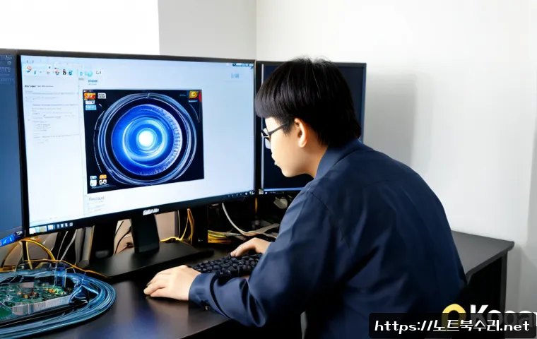 동구동 INTERNAL_POWER_ERROR - Photorealistic IT support workstation in a compact Dong-gu office, desktop tower opened beside a dua...