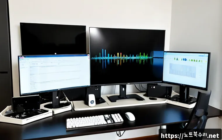 목감동 STATUS_INVALID_DISPOSITION - Photorealistic remote-support workstation in a modern Mokgam-dong apartment office, dual monitors sh...