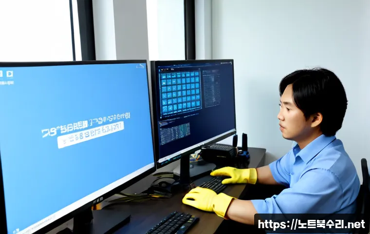공덕동 WHEA_UNCORRECTABLE_ERROR - Photorealistic IT support workstation in a modern Gongdeok-dong office, desktop tower opened beside ...