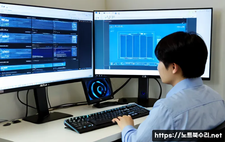 둔촌동 STATUS_KERNEL_DATA_CORRUPTION - Photorealistic IT support workstation in a compact Dongchon-dong office, dual monitors showing abstr...