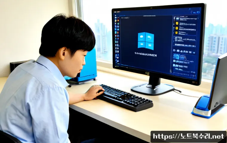 동작동 STATUS_KERNEL_SECURITY_CHECK - Photorealistic IT support workstation in a compact Dongjak-dong apartment office, dual monitors show...