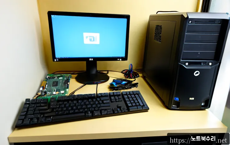 덕교동 STATUS_NO_MEMORY - Photorealistic compact PC repair workstation in a quiet Donggyo-dong alley studio, technician reseat...