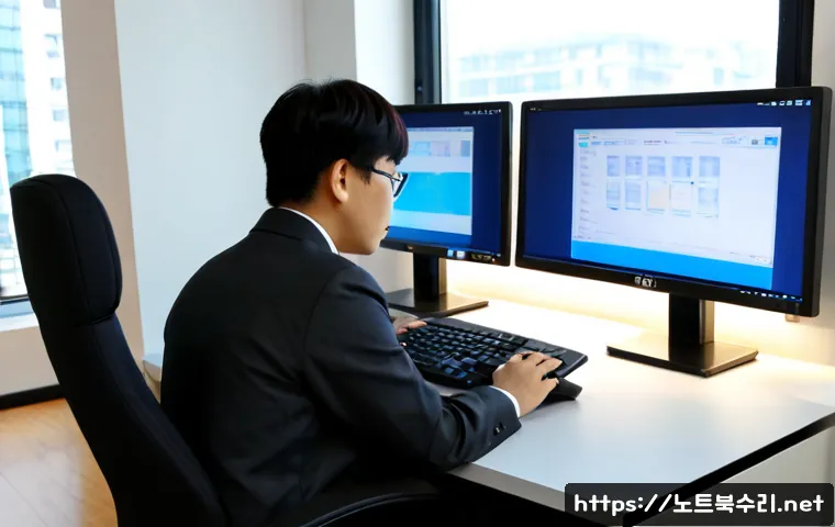 홍파동 POOL_CORRUPTION_IN_FILE_AREA - Photorealistic IT support workstation in a compact Hongpa-dong office, dual monitors showing a non-b...