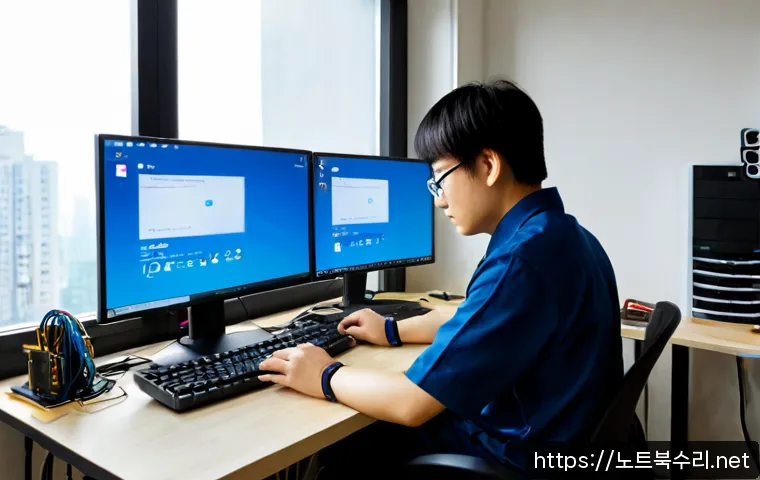 수리동 ACPI_BIOS_ERROR - Photorealistic remote PC repair workstation in a compact Suri-dong apartment office, dual monitors s...
