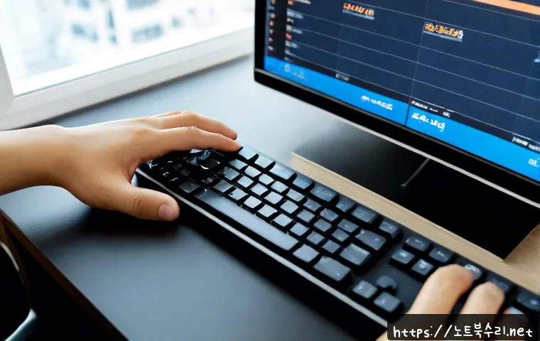 설문동 f4키 누르라고 할때 - Photorealistic remote-support workstation, close-up of a hand pressing the F4 key on a clean black k...