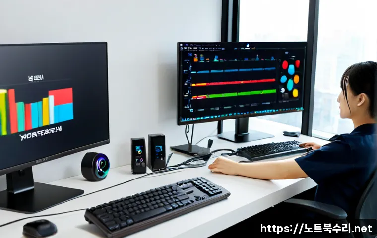 서현동 MEMORY_MANAGEMENT - Photorealistic IT support workstation in a modern Seohyeon-dong office, dual monitors showing a clea...
