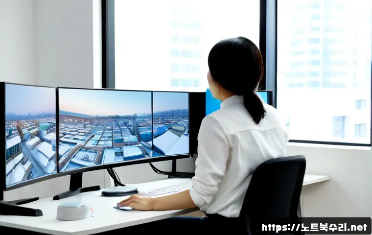 오전동 컴퓨터멈춤 - Photorealistic modern architectural workstation in Ojeong-dong, frozen dual-monitor CAD workspace wi...