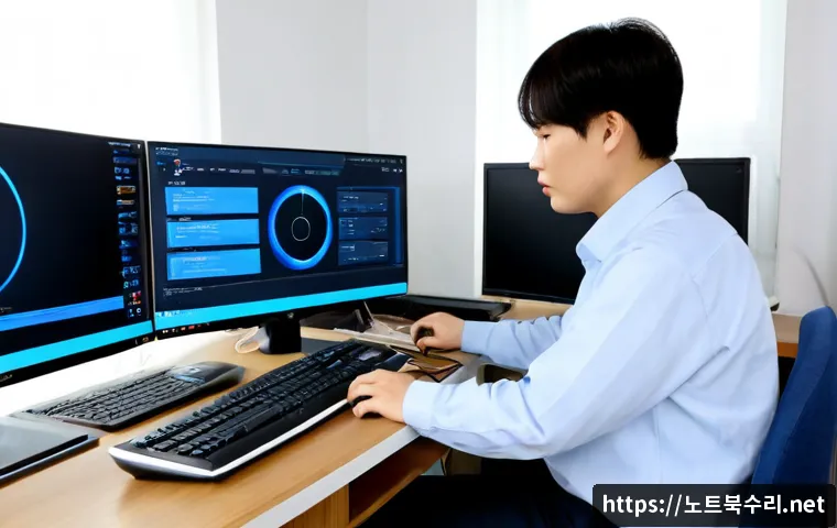 박촌동 STATUS_KERNEL_THREAD_TIMEOUT - Photorealistic remote IT support workstation in a quiet Korean suburban apartment, dual monitors sho...