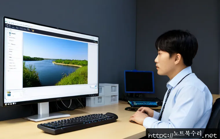 강서구 STATUS_FILE_WRITE_FAILURE - Photorealistic IT support workstation in a modern office near a quiet riverside district, dual monit...