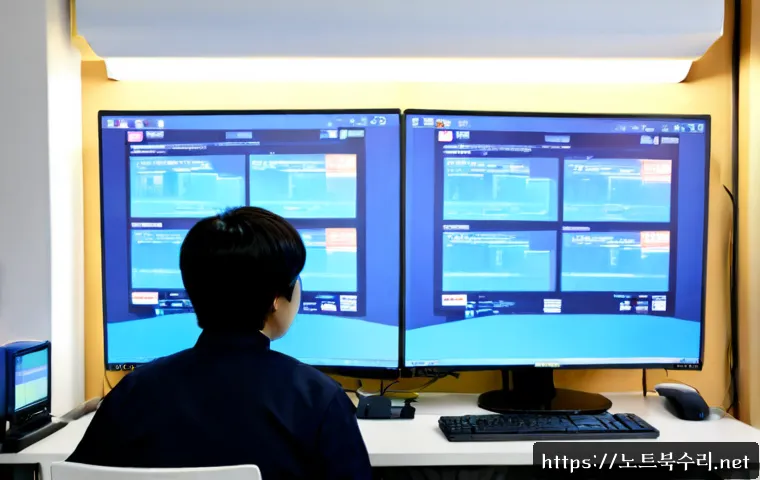 화곡동 STATUS_KERNEL_INIT_FAILURE - Photorealistic IT support workstation in a compact Hwagok-dong office, dual monitors showing a blank...