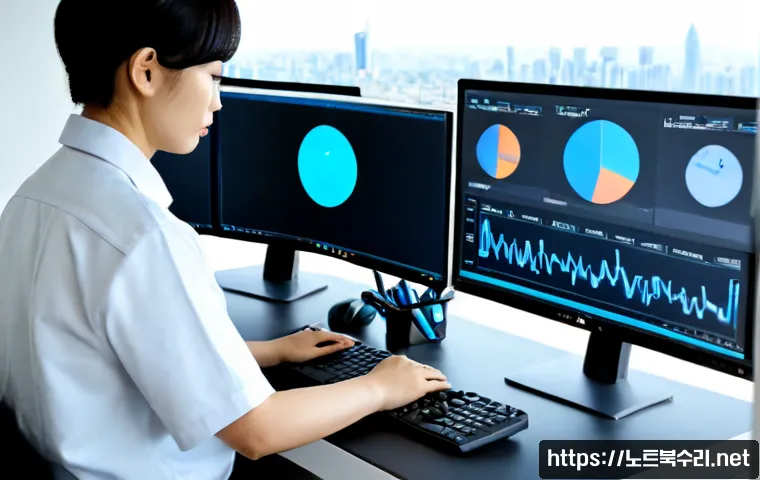이매동 SYSTEM_THREAD_EXCEPTION_NOT_HANDLED - Photorealistic IT support workstation in a modern apartment office, dual monitors showing abstract b...