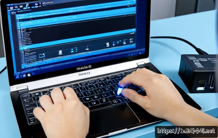 만리동 STATUS_KERNEL_POWER_FAILURE - Photorealistic IT support workstation in Mangni-dong, Seoul, a modern laptop frozen on a blank blue ...