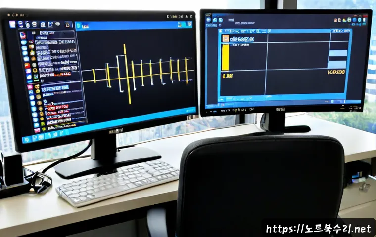 수원시 STATUS_DRIVER_ENTRYPOINT_NOT_FOUND - Photorealistic IT support workstation in Suwon, South Korea, dual monitors showing abstract driver d...
