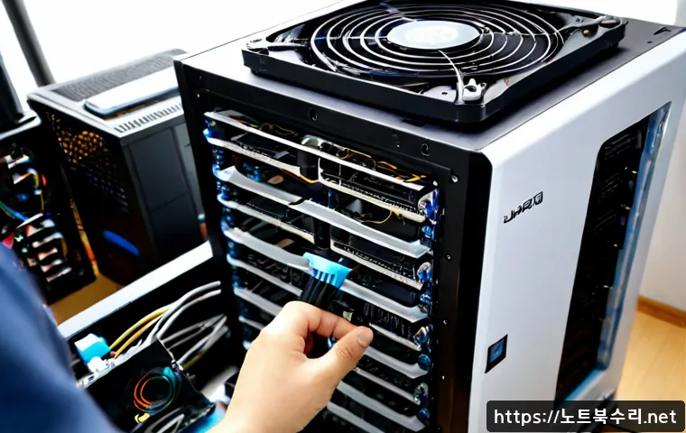 토평동 쿨러조립 및 교체수리 - Photorealistic PC repair workstation in a quiet Topyeong-dong apartment, technician carefully instal...