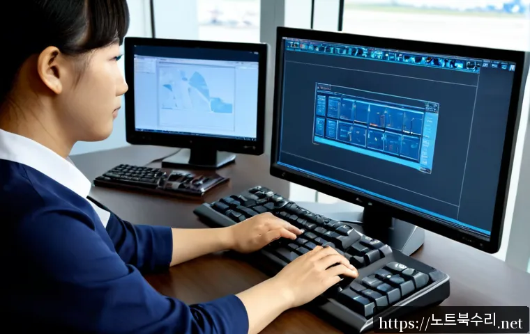 공항동 STATUS_MEMORY_ACCESS_DENIED - Photorealistic IT support workstation in an office near an airport district, dual monitors showing a...
