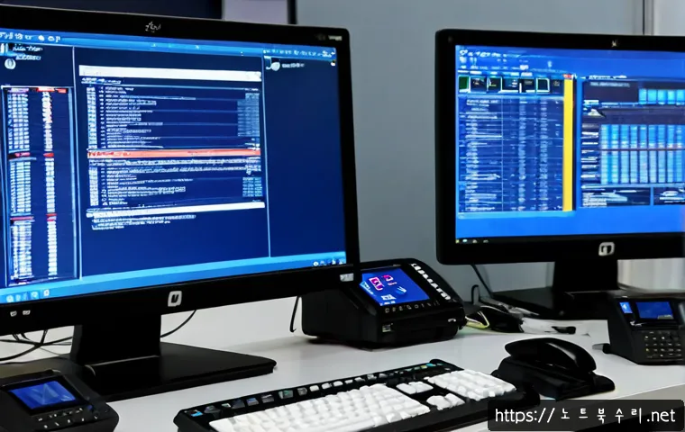 방축동 CRITICAL_PROCESS_DIED - Photorealistic IT support workstation in a compact Korean industrial-office neighborhood, dual monit...
