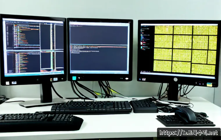 동인천 STATUS_MODULE_CORRUPTION - Photorealistic IT support workstation in an aging port-district office near Dongincheon, dual monito...