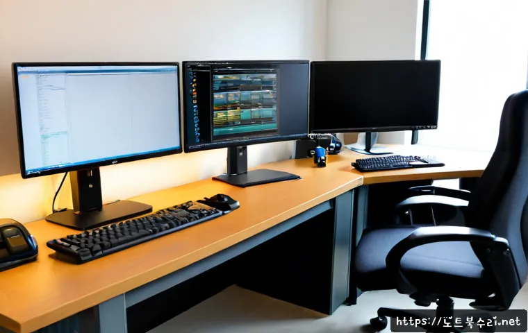 토당동 자동복구 - Photorealistic IT support workstation in a compact Tondang-dong office, dual monitors showing a gene...