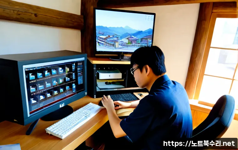 팔판동 워크스테이션출장방문수리점 - Photorealistic on-site workstation repair inside a quiet Palpan-dong hanok-style home office, techni...