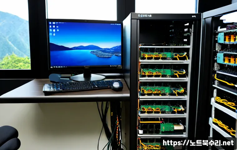 도봉구 네트워크구축 설정 및 세팅오류해결 - Photorealistic IT technician configuring a compact network rack in a modern Dobong-gu office, neatly...
