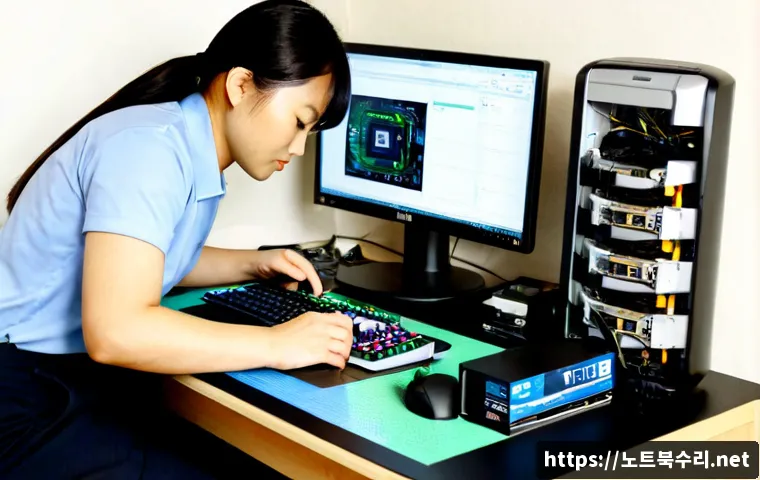 홍제동 VGA조립 및 교체수리 - Photorealistic computer repair workstation in a compact Hongje-dong apartment office, technician car...